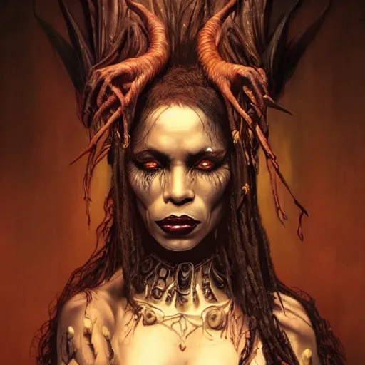 Image similar to Dark Fantasy Painting of a voodoo witch with a sinister evil look on her face, upper body, intricate, wild, highly detailed, digital painting, artstation, concept art, smooth, sharp focus, illustration, art by artgerm and greg rutkowski and alphonse mucha