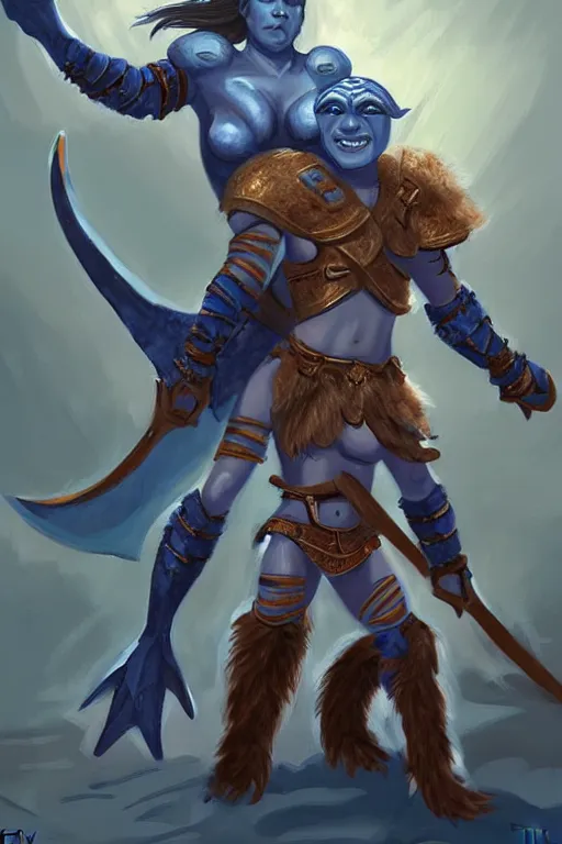 Image similar to a small blue-skinned triton girl wearing scale armor riding on a the shoulders of a large male goliath wearing fur and leather armor, dnd concept art, painting by Tyler Jacobson