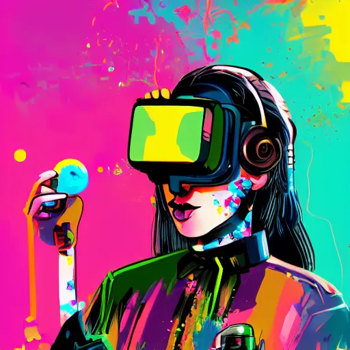 Prompt: illustration of cyberpunk girl with bubble gum in vr helmet, colorful splatters, by andy warhol and by zac retz and by kezie demessance