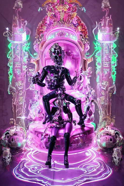 Prompt: full-body rococo and cyberpunk style neon statue of a young attractive guido macho dotado e rico android sim roupa reclining con las piernas abertas e la piroca dura, glowing white laser eyes, prince crown of pink gears, diamonds, swirling silver-colored silk fabric. futuristic elements. full-length view. space robots. human skulls. intricate artwork by caravaggio. Trending on artstation, octane render, cinematic lighting from the right, hyper realism, octane render, 8k, depth of field, 3D