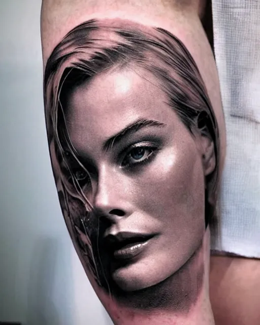 Image similar to creative double exposure effect tattoo design sketch of margot robbie face blended in beautiful mountain scenery, realism tattoo, in the style of matteo pasqualin, amazing detail, sharp