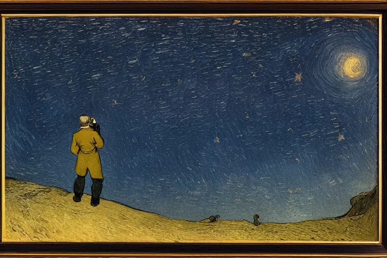 Image similar to a person looking at the night sky with clouds and stars, colorful, beautiful, national geographic, very detailed, astrophotography, cinematic lighting, oil painting, canvas, Theodor Kittelsen, Vincent van Gogh