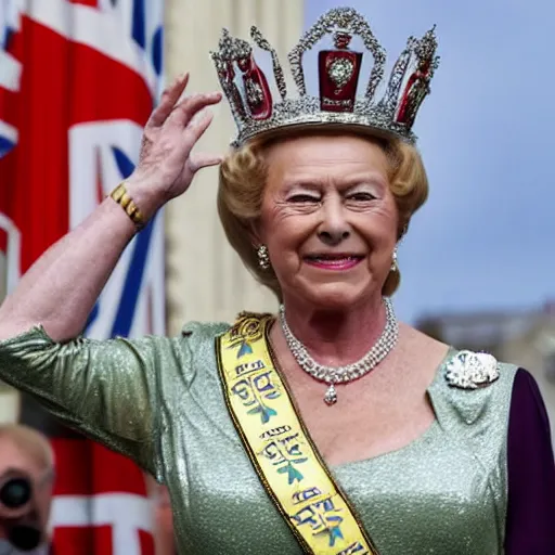 Prompt: Silvio Berlusconi Is crowned queen of England, photo-realistic, 8k, historical photo