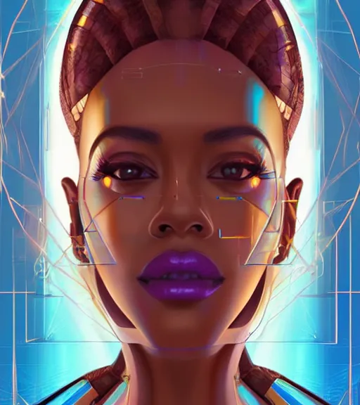 Image similar to symmetry!! egyptian queen of technology, solid cube of light, hard edges, product render retro - futuristic poster scifi, lasers and neon circuits, beautiful brown skin woman egyptian queen, intricate, elegant, highly detailed, digital painting, artstation, concept art, smooth, sharp focus, illustration, dreamlike, art by artgerm