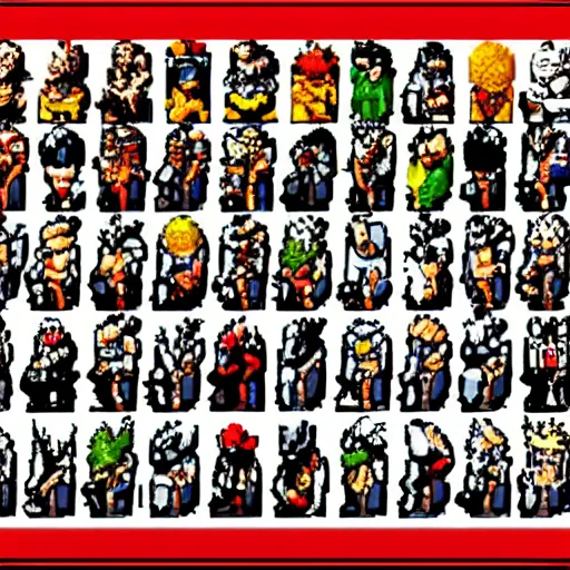 Prompt: pixel art of street fighter alpha 3 character select featuring a bunch of characters from tsutomu nihei