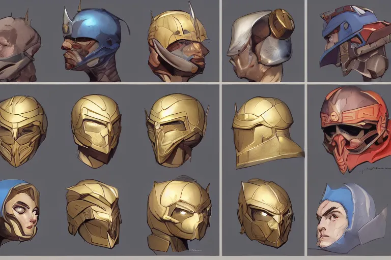 Image similar to 4x3 item concept art grid of legendary loot headgear by artgerm and Craig Mullins, James Jean, Andrey Ryabovichev, Mark Simonetti and Peter Morbacher 16k