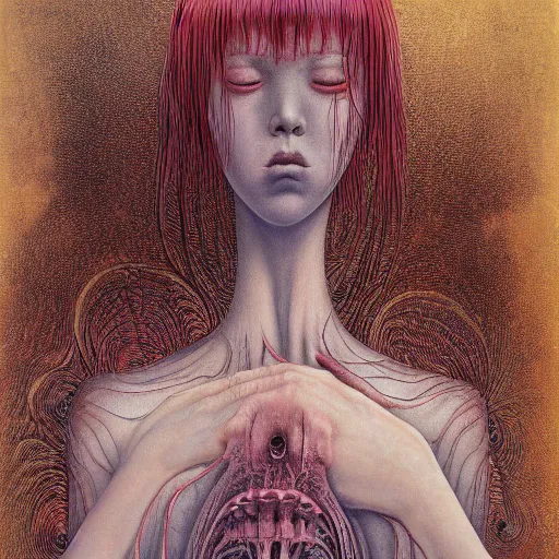 Image similar to tomie by junji ito in the style of zdzisław beksiński and h.r. giger, oil on canvas, intricately detailed artwork, full 8k high quality resolution, recently just found unknown masterpiece, renaissance painting, photorealism, 8k high detail, Sigma 85 mm f 1.4, Studio Light, Studio Ghibli