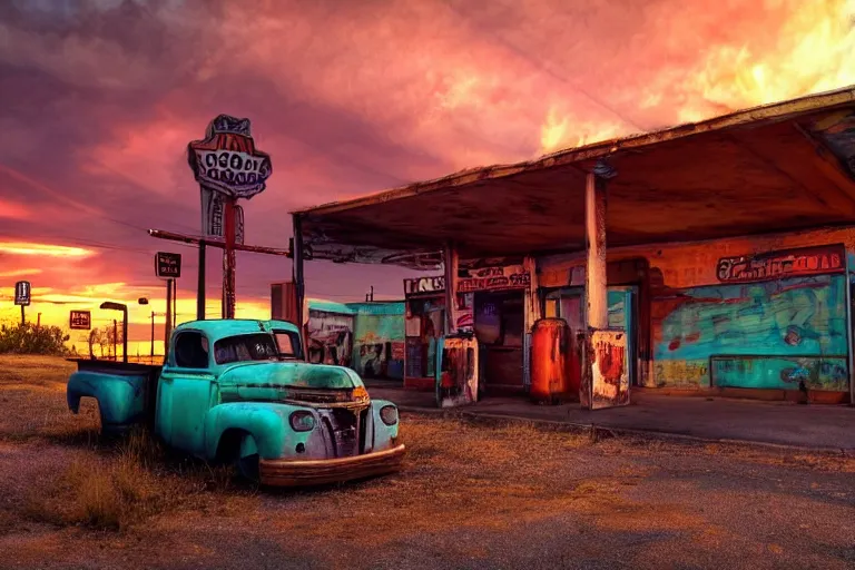 Image similar to a sunset light landscape with historical route 6 6, lots of sparkling details and sun ray ’ s, blinding backlight, smoke, volumetric lighting, colorful, octane, 3 5 mm, abandoned gas station, old rusty pickup - truck, beautiful epic colored reflections, very colorful heavenly, softlight