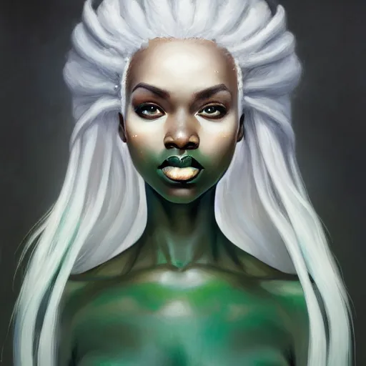 Prompt: a detailed matte oil on canvas head on symmetrical portrait of black skinned woman with long white and pale green hair, clothed by charlie bowater, lise deharme, wlop, trending on artstationhd, dungeons and dragons art critical role