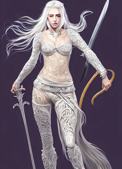 Image similar to full body painting of a woman with flowing luscious glowing white hair standing whilst holding a sword, wearing intricate plate - armor and leather underneath. intricate, elegant, highly detailed, digital painting, artstation, concept art, smooth, sharp focus, illustration, by terry wei, qiu fang, tooth wu, kan liu, siwoo kim, jisu choe