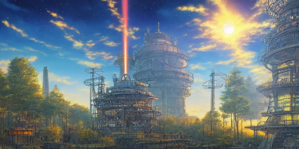 Image similar to fusion reactor, wonderous and magical, in an urban setting, sunset, by Studio Ghibli, Ivan Shishkin and Greg Rukowski