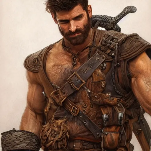 Image similar to portrait of a rugged ranger, 2 5 years old, handsome, muscular, upper body, leather, hairy torso, d & d, fantasy, intricate, elegant, highly detailed, digital painting, artstation, concept art, smooth, sharp focus, illustration, art by artgerm and greg rutkowski and alphonse mucha