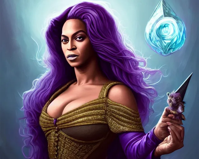 Image similar to a mind - blowing portrait of beyonce as a wizard, purple hair, bat familiar on her sholder, deep focus, d & d, fantasy, intricate, elegant, highly detailed, digital painting, artstation, concept art, matte, sharp, illustration, hearthstone, art by artgerm and greg rutkowski and alphonse mucha