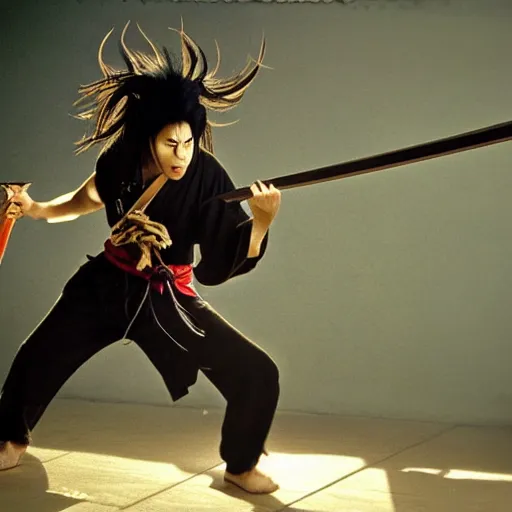 Prompt: Demon, yokai, kung fu, wuxia, xianxia, glam metal hair, Jiang sword, wild hair, 1983 cinematic, live action