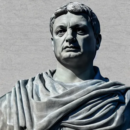 Image similar to hungarian prime minister viktor orban as a marble statue of ancient roman emperor, museum photoshot, 3 d photorealistic render, high resolution, 8 k