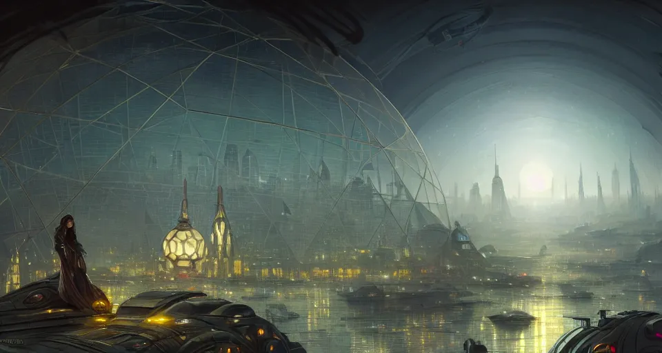 Image similar to cinematic shot, futuristic city on the moon inside a giant geodesic dome, utopian, night, stars, digital painting, artstation, concept art, smooth, sharp focus, illustration, intricate, elegant, highly detailed, in the style of greg rutkowski and alphonse mucha and artemisia, 8 k, highly detailed, jurgens, rutkowski