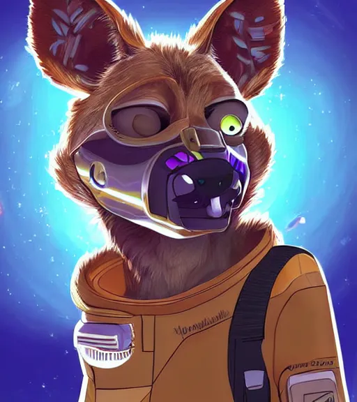 Prompt: digital detailed art of furry female hyena, in style of zootopia, fursona, furry, furaffinity, deviantart, wearing astronaut outfit, floating in space, space background, cyberpunk, detailed face, style of artgerm,