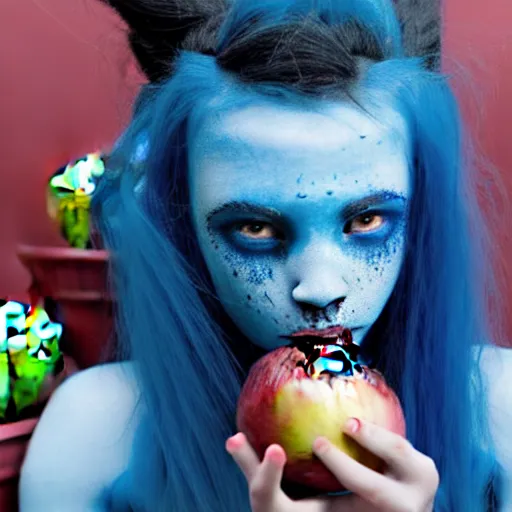 Image similar to a dnd Triton girl with blue skin and messy black hair in a pantry eating an apple, a little blue-skinned girl with messy black hair sharp pointed ears freckles along the ridges of her cheeks, dnd triton, high resolution film still, 4k, HDR colors