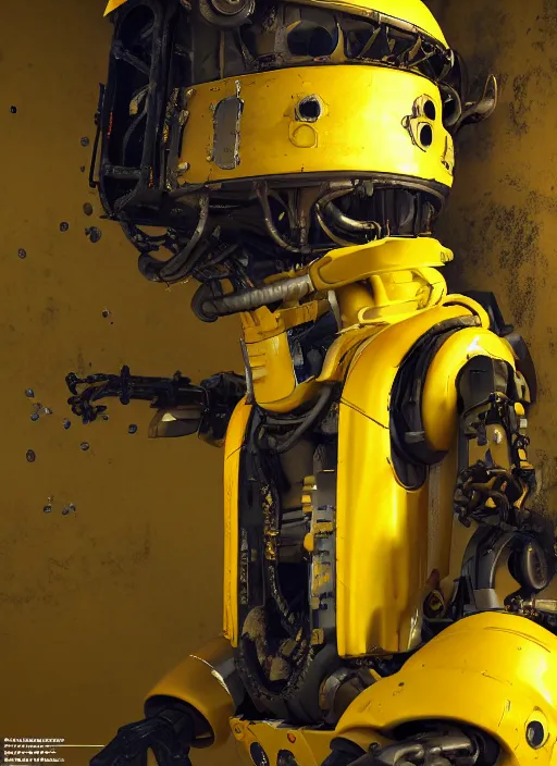 Image similar to a photorealistic dramatic hyperrealistic render of a exosuit deep sea submersible, ultra realistic details, glossy yellow, well worn, rust, oil stains by vitaly bulgarov and mike nash, beautiful dramatic dark moody tones and lighting, cinematic atmosphere, studio lighting, global illumination, shadows, dark background, octane render, 8 k