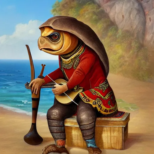 Image similar to an anthropomorphic tortoise playing a lute by the sea, Highly detailed and beautiful fantasy art trending in art station.