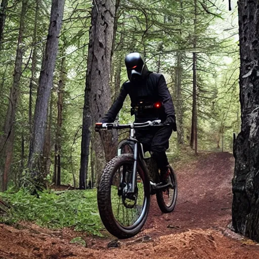 Image similar to darth vader ist riding a mountainbike fast through a burning forrest