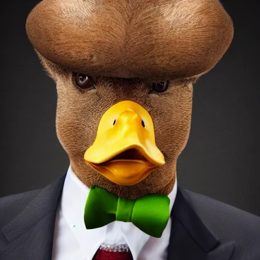 Image similar to a high detail photo of a man with a duck's head wearing a suit, antropomorphic, photorealism