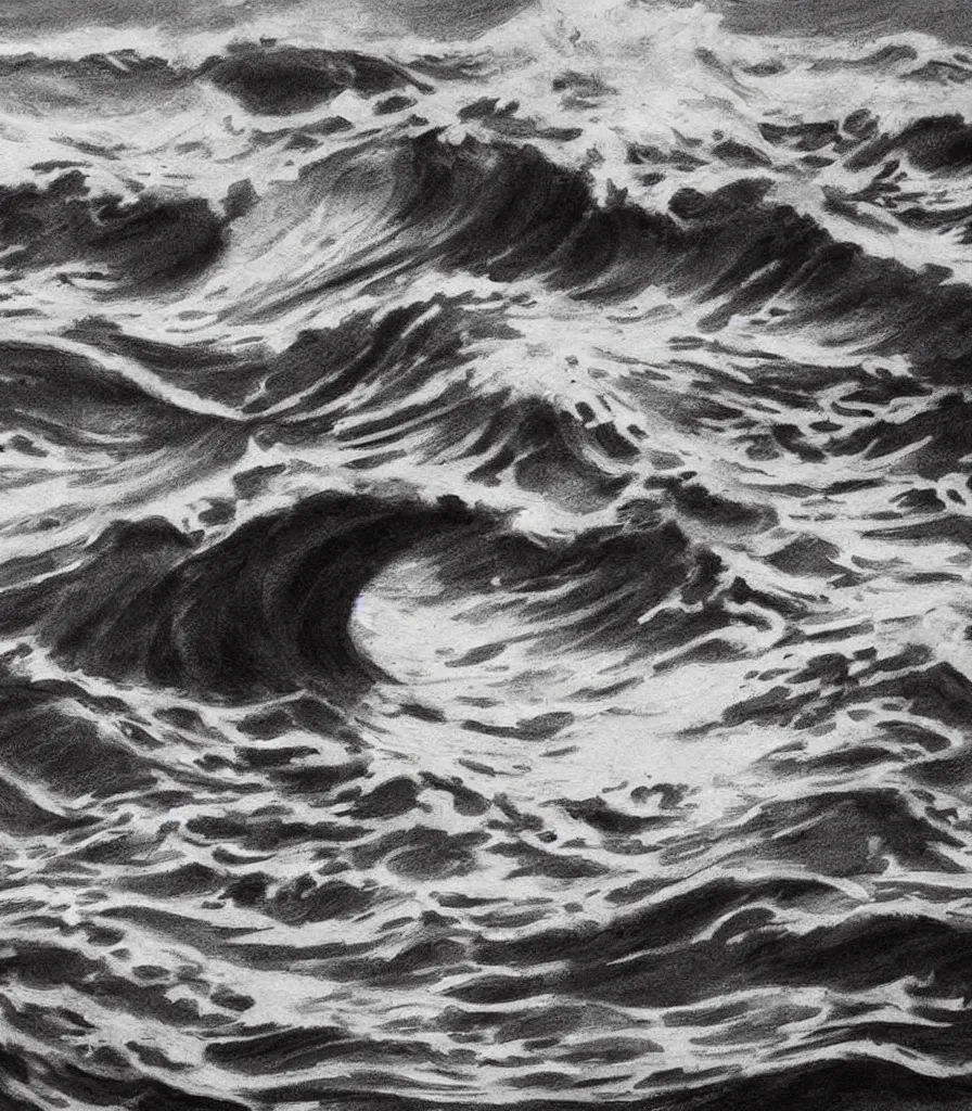 Image similar to a magnificent painting of beautiful hawaiian waves, line art!, charcoal sketch, dark strokes, high detail, simple style, golden acrylic highlights