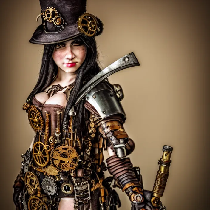 Image similar to photograph of a beautiful steampunk warrior. extremely detailed. dslr. 5 0 mm.