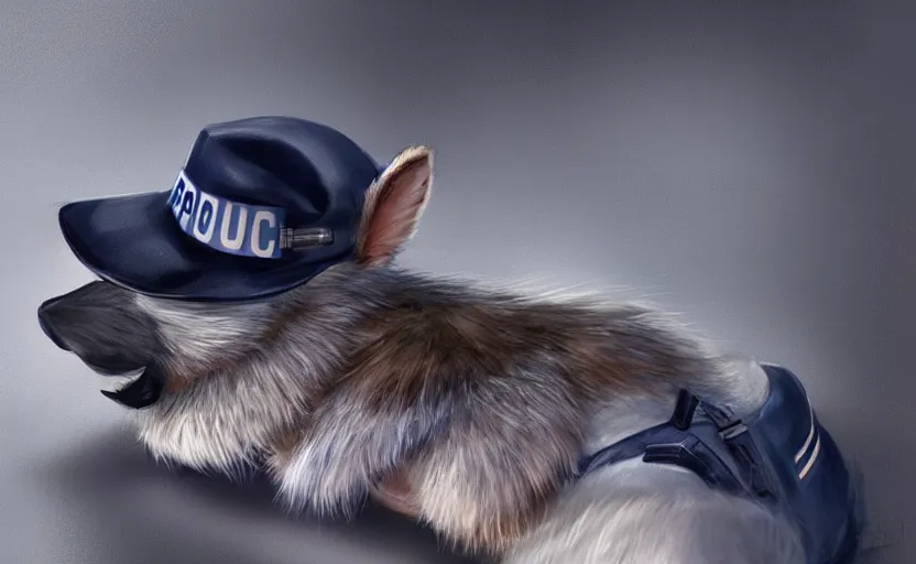 Image similar to a dressed in the police uniform anthropomorphic furry sleeping on duty in the police car, artstation hq, stylized, symmetry, modeled lighting, expressive, studio photo refined, highly detailed, hyper realistic, furry, sense of awe, zootopia style