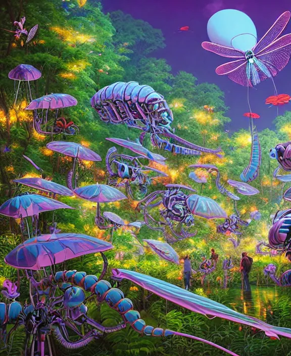 Image similar to an amusement park made out of seamless alien isopod dragonflies, in the style of an aerodynamic robot, overgrown with puffy orchids, partly cloudy, somber, dramatic lighting, by dan mumford, yusuke murata, makoto shinkai, ross tran, cinematic, unreal engine, cel shaded, featured on artstation, pixiv