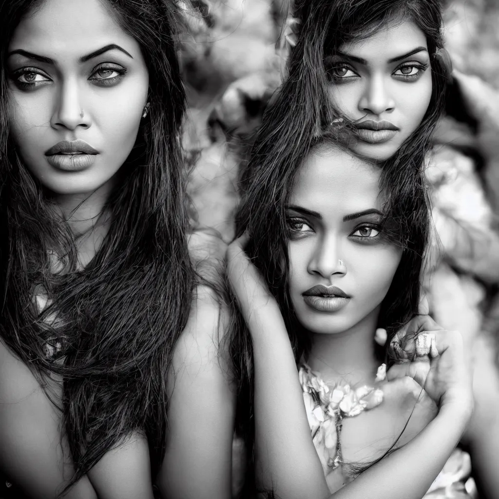 Prompt: waist up portrait photography of indian beauty who have the nose of angelina jolie, lips of megan fox and the eyes of rihanna, award winning photography by leonardo espina, black and white, old style photography, photo pose