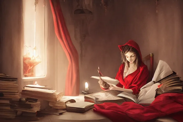 Image similar to A beautiful young woman sitting in her room reading a book. She is wearing a red robe and holding a quill pen. The room is dimly lit, with only a small lamp providing illumination. Fantasy, digital art, natural lighting, trending on artstation