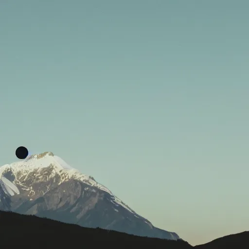 Image similar to a black dot in the sky stretching out a mountain, dark lighting, landscape