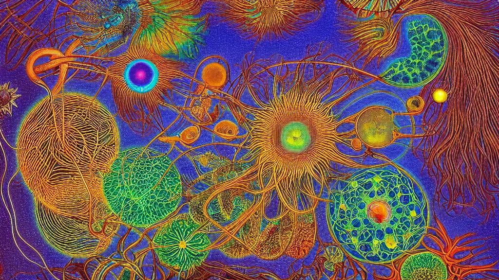 Image similar to quantum connections represented as symbiotic organisms like cells playing around with colorful lights by ernst haeckel, liquid