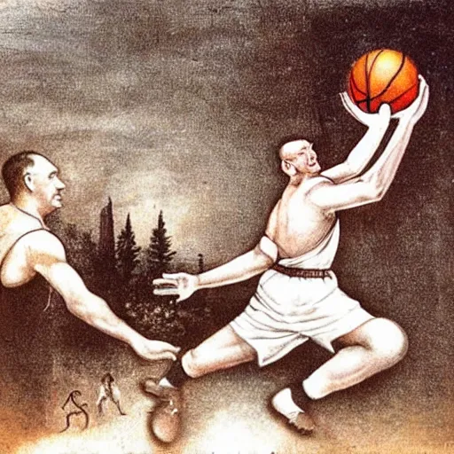 Prompt: hitler playing basketball, realistic, detailed by da vinci