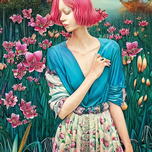 Image similar to pretty model with water lillies : : by martine johanna and simon stalenhag and chie yoshii and casey weldon and wlop : : ornate, dynamic, particulate, rich colors, intricate, elegant, highly detailed, vogue, harper's bazaar art, fashion magazine, smooth, sharp focus, 8 k, octane render