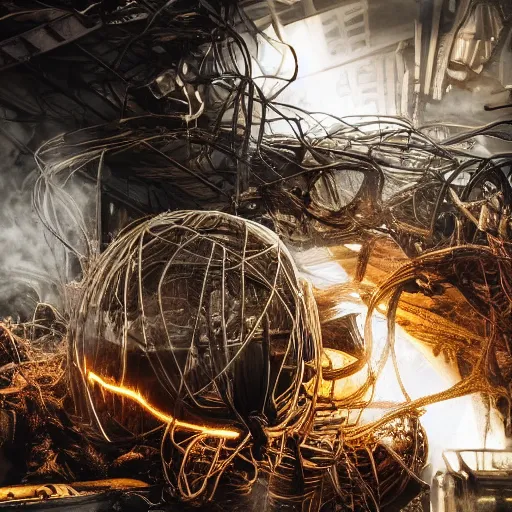 Image similar to oversized egg beater, tangles of metallic cables, dark messy smoke - filled cluttered workshop, dark, dramatic lighting, orange tint, sparks, plasma charges, cinematic, highly detailed, sci - fi, futuristic, movie still