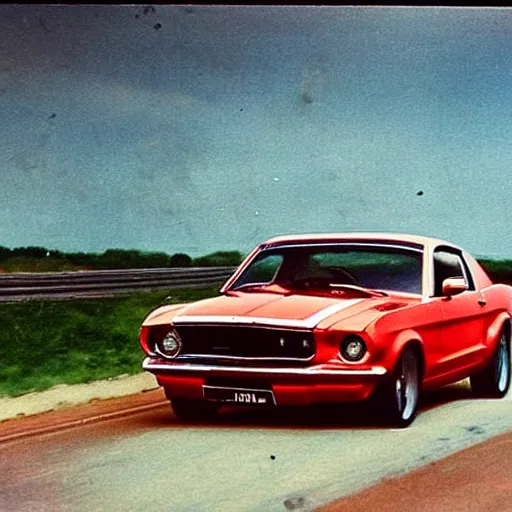 Image similar to coloured photograph of a muscled young white bald guy with broad shoulders, black shirt and a large chest driving a racing red mustang down a british road, high detail, very clear faces