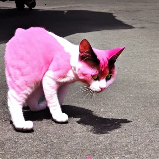 Prompt: photo of a pink cat eating a hamburger