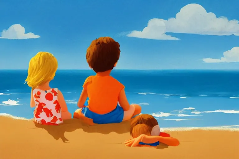 Image similar to Two children sitting on the beach making sandcastles, blue sky, artstation, children's book, HD, by Benji Davies