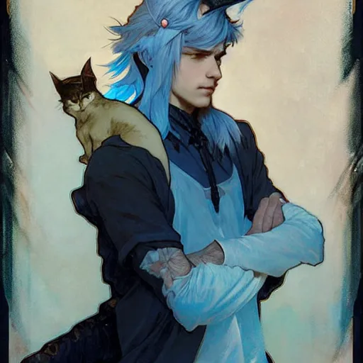 Image similar to Portrait of a pretty fantasy catboy with blue hair and cute small cat ears. Art by Greg Rutkowski and Alphonse Mucha