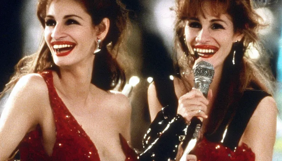 Image similar to Julia Roberts as Selena! singing!! on a stage, 1995 movie, cinematic