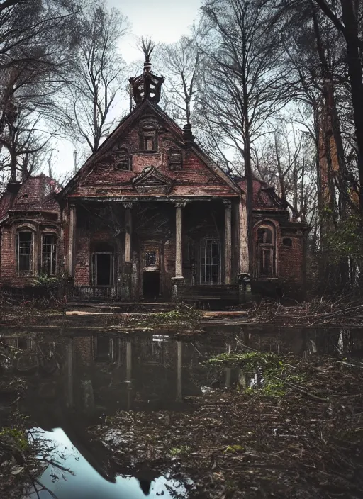 Image similar to an abandoned hell mansion on a ominous forest biome by pixar, smooth, cinematic, wet reflections, ray tracing x, rtx, smooth