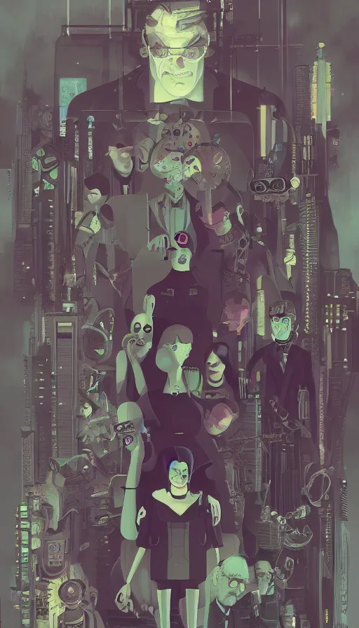 Image similar to cyberpunk addams family, sharp focus, james gilleard, cinematic, game art, extremely detailed digital painting, print