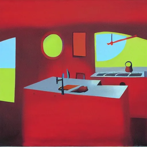 Image similar to red kitchen, by yves tanguy