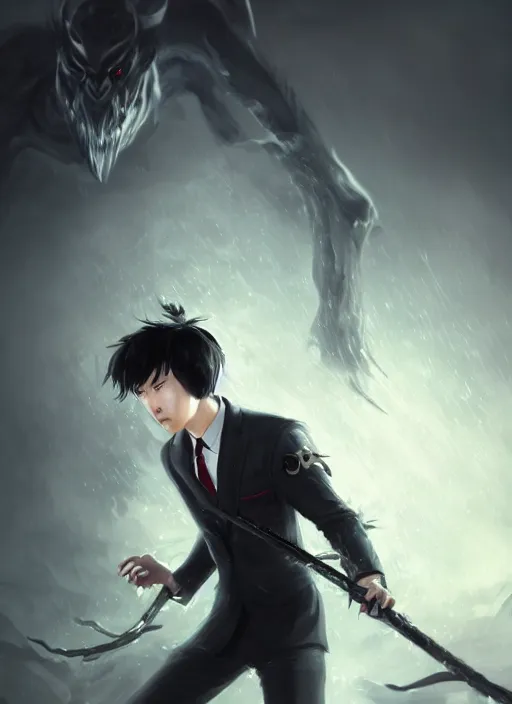 Prompt: a highly detailed illustration of fierce korean man with bowl cut black hair wearing tie with giant black claws, evil wielding giant black fog claws pose, foggy lovecraftian black mist surrounding background, perfect face, intricate, elegant, highly detailed, centered, digital painting, artstation, concept art, smooth, sharp focus, league of legends concept art, wlop.