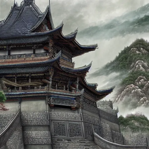 Image similar to dynamic composition, motion, ultra-detailed, incredibly detailed, a lot of details, amazing fine details and brush strokes, colorful and grayish palette, smooth, HD semirealistic anime CG concept art digital painting, watercolor oil painting of epic castle gate, from Three Kingdoms, by a Chinese artist at ArtStation, by Huang Guangjian, Fenghua Zhong, Ruan Jia, Xin Jin and Wei Chang. Realistic artwork of a Chinese videogame, gradients, gentle an harmonic grayish colors.