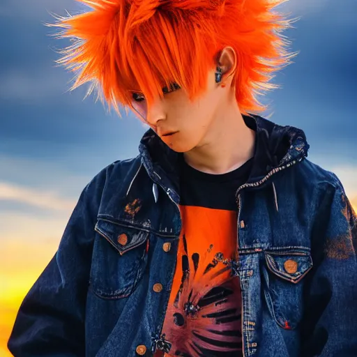 Image similar to orange - haired anime boy, 1 7 - year - old anime boy with wild spiky hair, wearing blue jacket, golden hour, partly cloudy sky, red clouds, orange sky, old town, strong lighting, strong shadows, vivid hues, ultra - realistic, sharp details, subsurface scattering, intricate details, hd anime, 2 0 1 9 anime