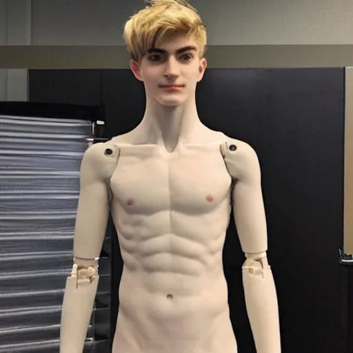 Image similar to “a realistic detailed photo of a guy who is an attractive humanoid who is half robot and half humanoid, who is a male android, twitch streamer Ninja Tyler Blevins, shiny skin, posing like a statue, blank stare”