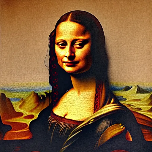 Image similar to painting of Margot Robbie posed in the style of ‘Leonardo Da Vinci's Mona Lisa’, hyperrealistic, moody lighting, golden hour